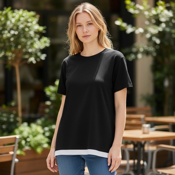 Jenni Kayne Tops - Jenni Kayne Large Blouse Women Black Excellent Contrast Hem Short Sleeve Top
